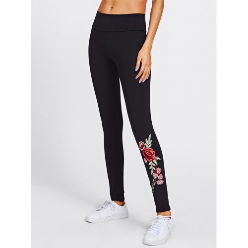 Embroidered Rose Applique Leggings