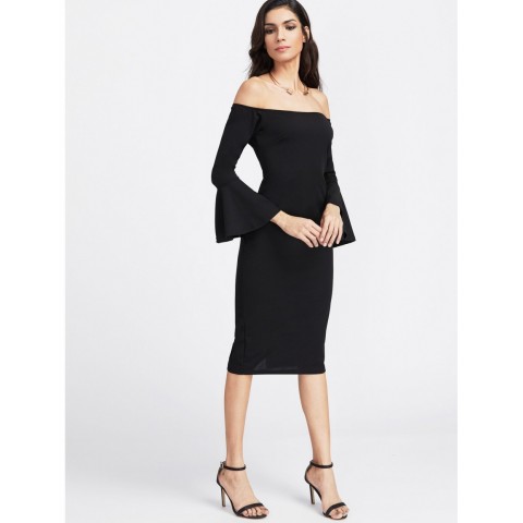 Fluted Sleeve Slit Back Bardot Pencil Dress