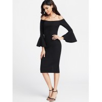 Fluted Sleeve Slit Back Bardot Pencil Dress