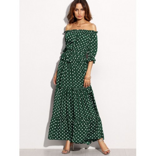 Polka Dot Bardot Neckline Tie Waist Dress