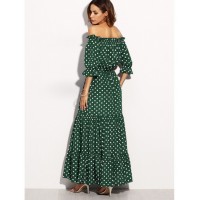 Polka Dot Bardot Neckline Tie Waist Dress