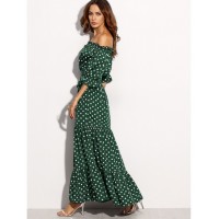 Polka Dot Bardot Neckline Tie Waist Dress