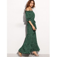 Polka Dot Bardot Neckline Tie Waist Dress