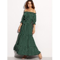 Polka Dot Bardot Neckline Tie Waist Dress