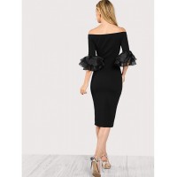 Slit Ruffle Sleeve Bardot Dress