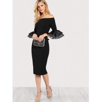 Slit Ruffle Sleeve Bardot Dress