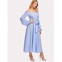 Pearl Beading Gathered Sleeve Pinstripe Dress