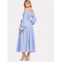 Pearl Beading Gathered Sleeve Pinstripe Dress