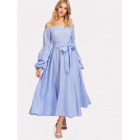 Pearl Beading Gathered Sleeve Pinstripe Dress