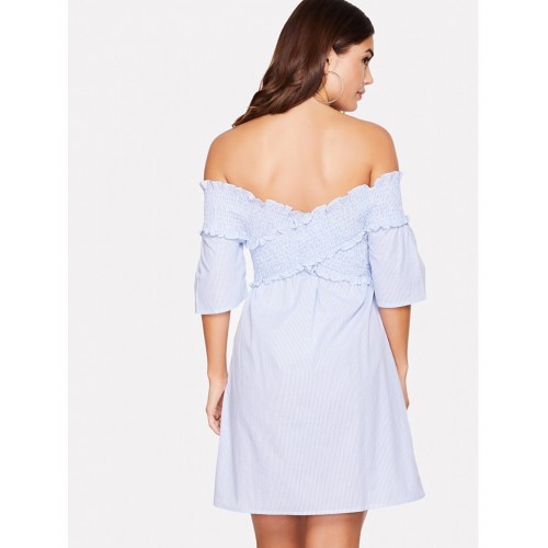 Cross Wrap Shirred Off Shoulder Dress