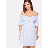 Cross Wrap Shirred Off Shoulder Dress