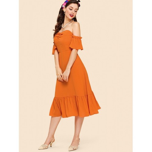 Neon Orange Ruched Front Flounce Hem Bardot Dress