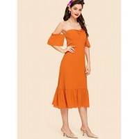 Neon Orange Ruched Front Flounce Hem Bardot Dress