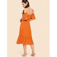 Neon Orange Ruched Front Flounce Hem Bardot Dress