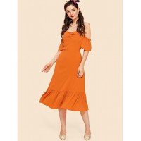 Neon Orange Ruched Front Flounce Hem Bardot Dress