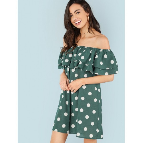 Layered Flounce Foldover Polka Dot Bardot Dress