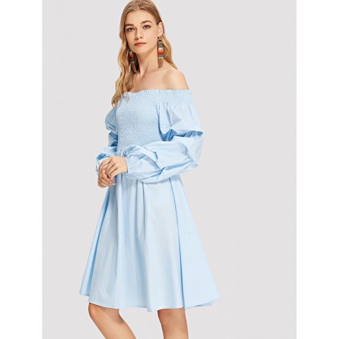 Shirred Bodice Gathered Sleeve Bardot Dress