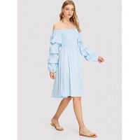 Shirred Bodice Gathered Sleeve Bardot Dress