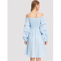 Shirred Bodice Gathered Sleeve Bardot Dress