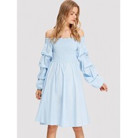 Shirred Bodice Gathered Sleeve Bardot Dress