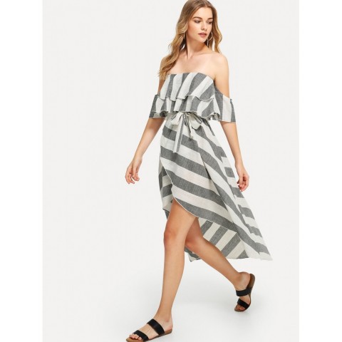 Ruffle Hem Striped Tube Dress