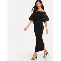 3D Applique Lantern Sleeve Bardot Slit Dress