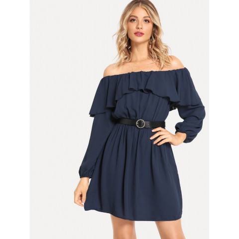 Off Shoulder Ruffle Belted Dress