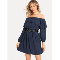 Off Shoulder Ruffle Belted Dress