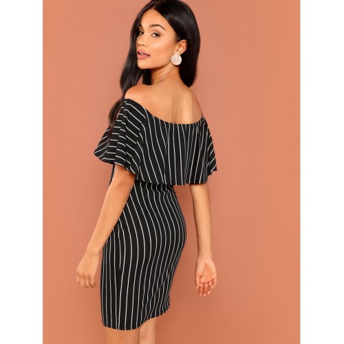 Foldover Front Off Shoulder Striped Dress