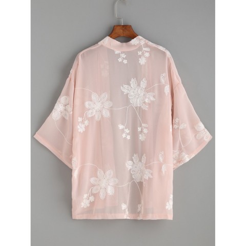 Flower Embroidered Semi-Sheer Kimono