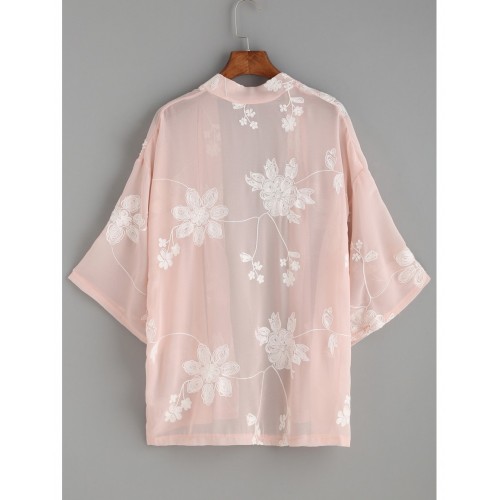 Flower Embroidered Semi-Sheer Kimono