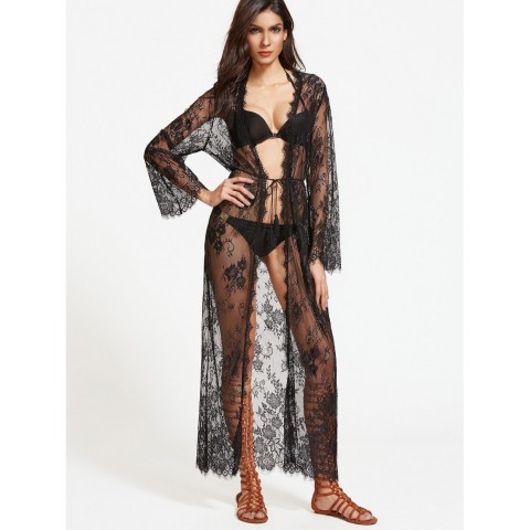 Sheer Drawstring Lace Kimono