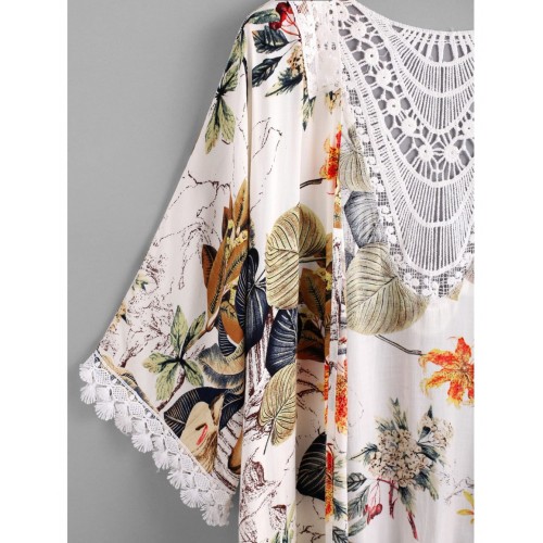 Tropical Print Contrast Hollow Out Crochet Trim Kimono