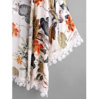 Tropical Print Contrast Hollow Out Crochet Trim Kimono