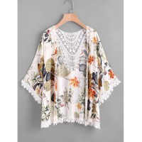 Tropical Print Contrast Hollow Out Crochet Trim Kimono