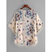 Butterfly Print Fringe Trim Top