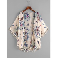 Butterfly Print Fringe Trim Top