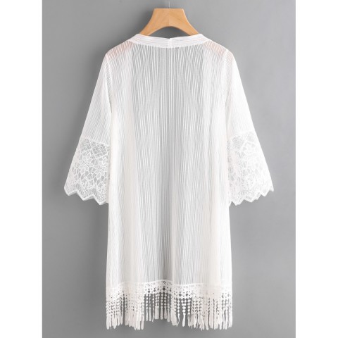 Embroidered Mesh Panel Fringe Hem Kimono