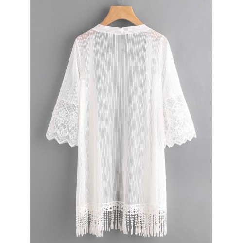 Embroidered Mesh Panel Fringe Hem Kimono