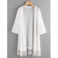 Embroidered Mesh Panel Fringe Hem Kimono