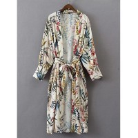 Floral Print Longline Kimono With Self Tie