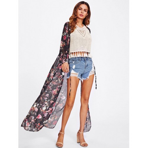 Random Florals Slit Side Drawstring Kimono