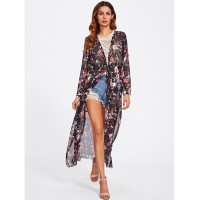 Random Florals Slit Side Drawstring Kimono