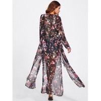 Random Florals Slit Side Drawstring Kimono