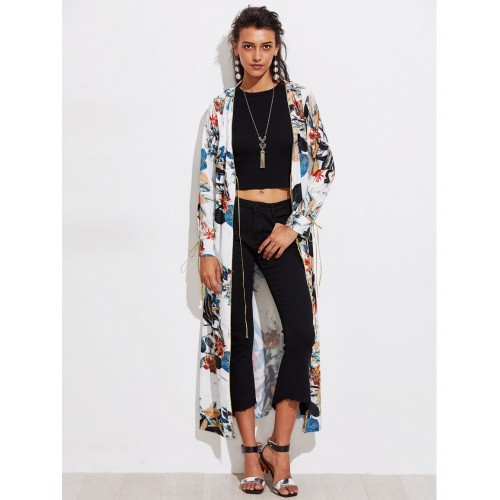 Botanical Print Contrast Trim Longline Kimono