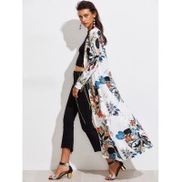 Botanical Print Contrast Trim Longline Kimono