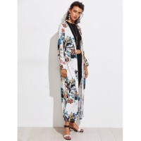 Botanical Print Contrast Trim Longline Kimono