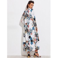 Botanical Print Contrast Trim Longline Kimono