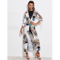 Botanical Print Contrast Trim Longline Kimono