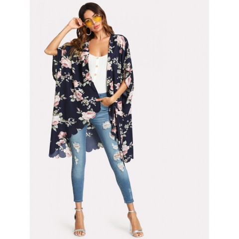 Flower Print Scallop Trim Kimono